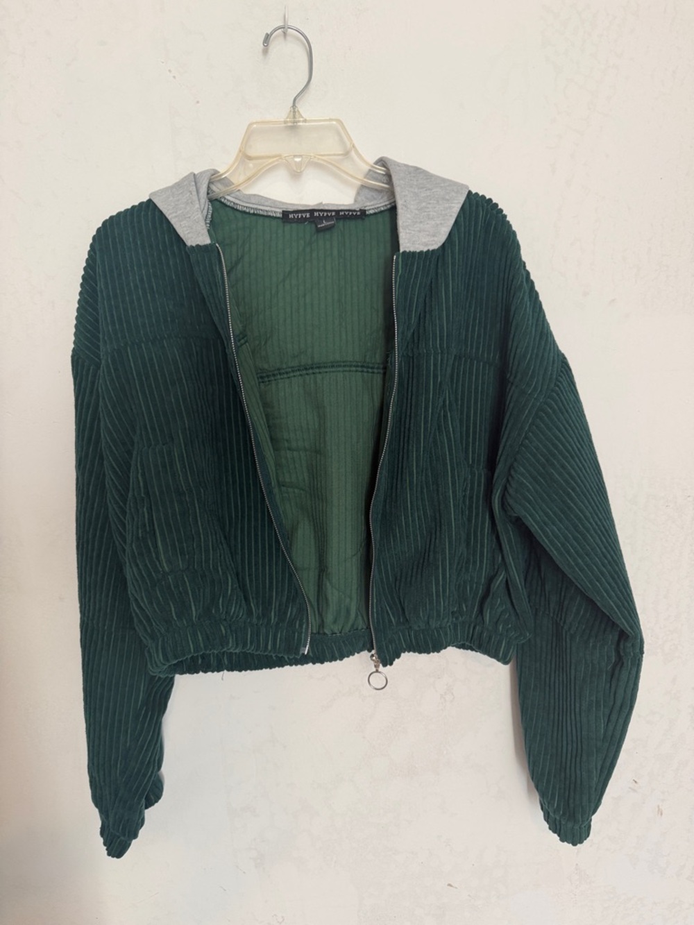 Super Cute Corduroy Hooded Zip Jacket in Dark Green